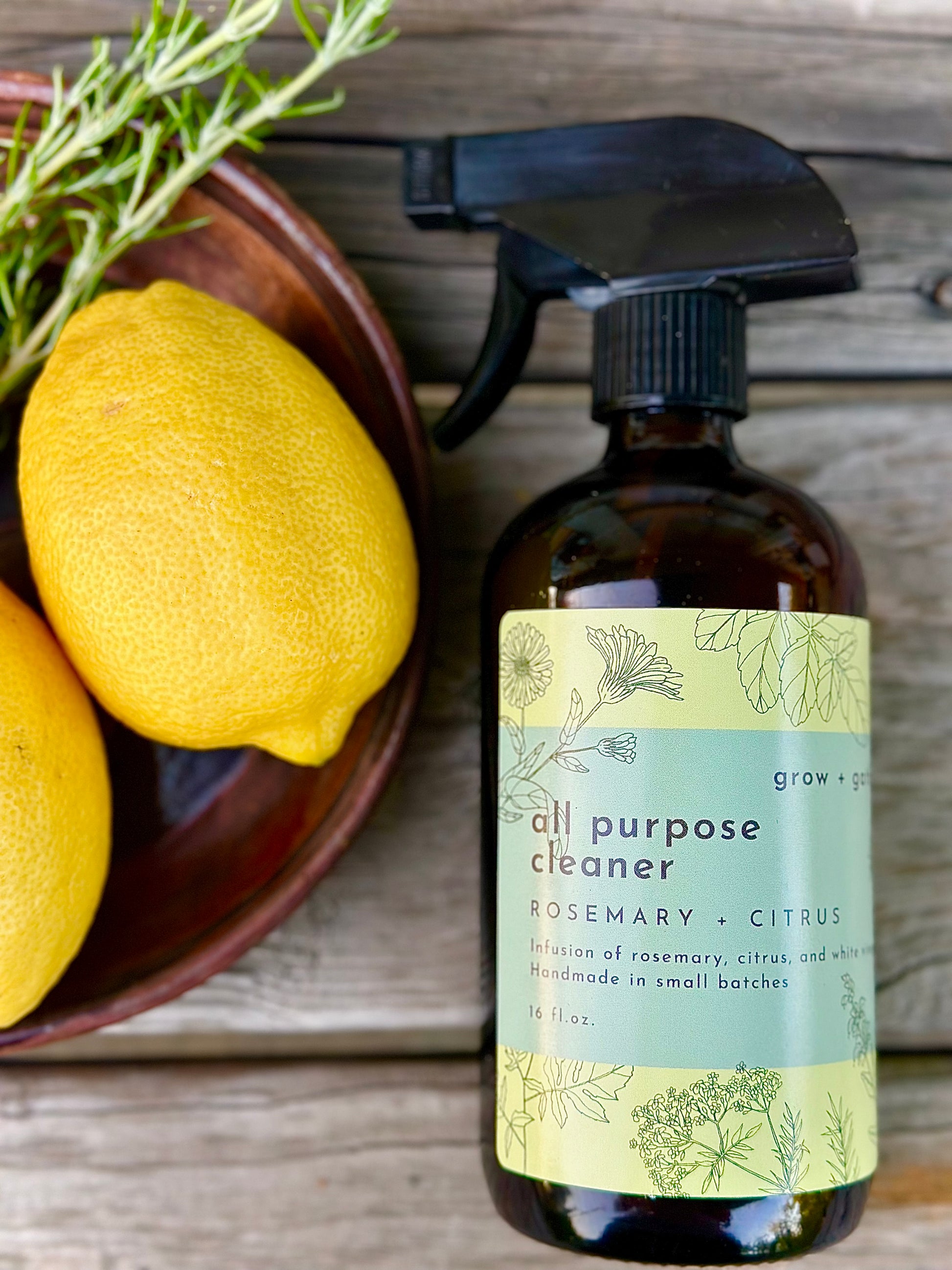 All Natural cleaner all purpose cleaner rosemary and citrus plant infused with white vinegar 16 oz amber glass bottle reusable
